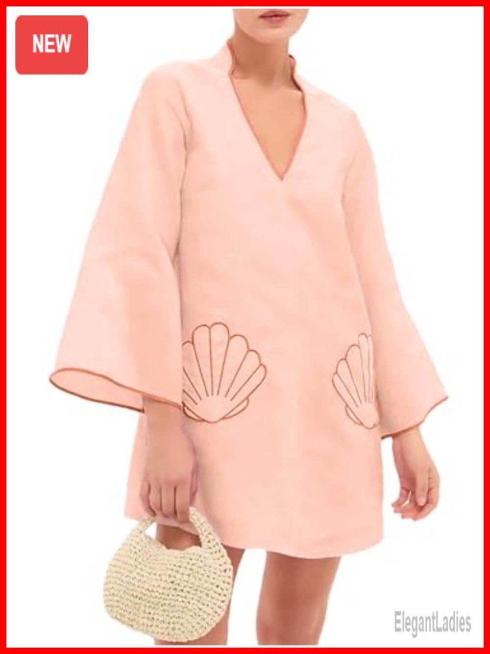 Shell Embroidery Cotton Mini Dress Bell Sleeve Babydoll Beach Coverup